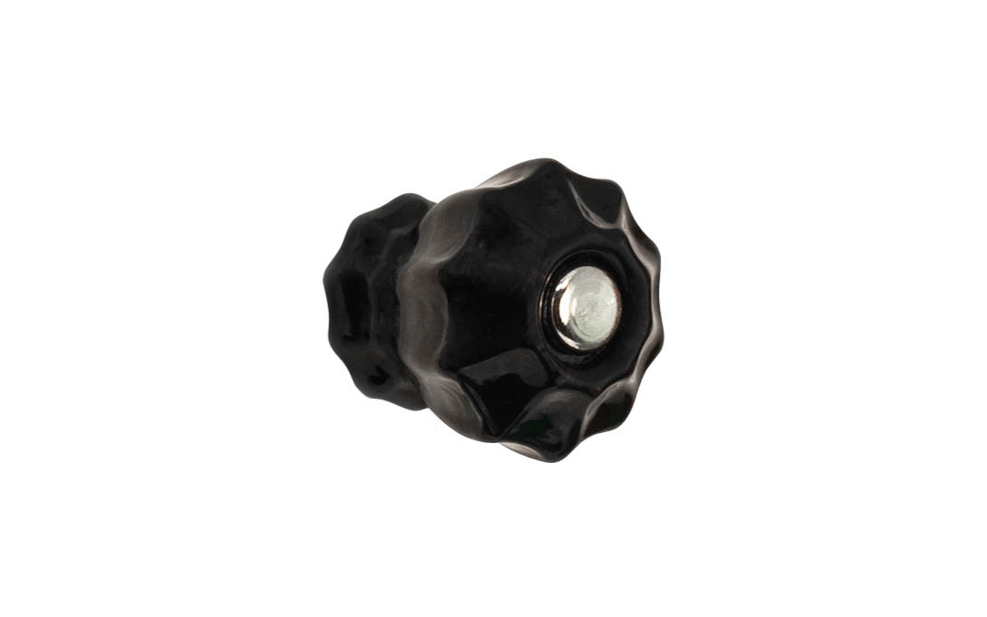 Vintage-style Hardware · Classic & original-style fluted glass cabinet knob with a silver pan head thru-bolt. Made of genuine glass. Black color glass. Includes a silver pan thru-bolt. Reproduction fluted classic glass knob. Traditional fluted glass knob. 1