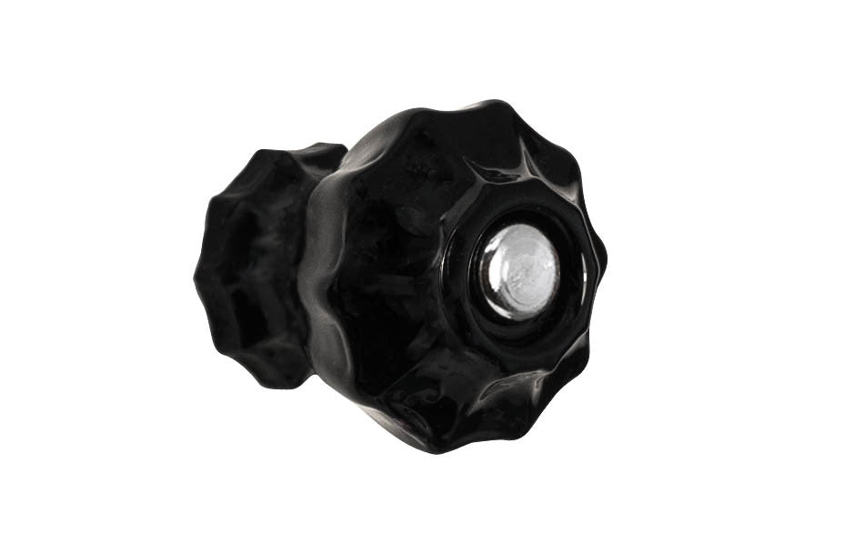 Vintage-style Hardware · Classic & original-style fluted glass cabinet knob with a silver pan head thru-bolt. Made of genuine glass. Black color glass. Includes a silver pan thru-bolt. Reproduction fluted classic glass knob. Traditional fluted glass knob. 1-1/4