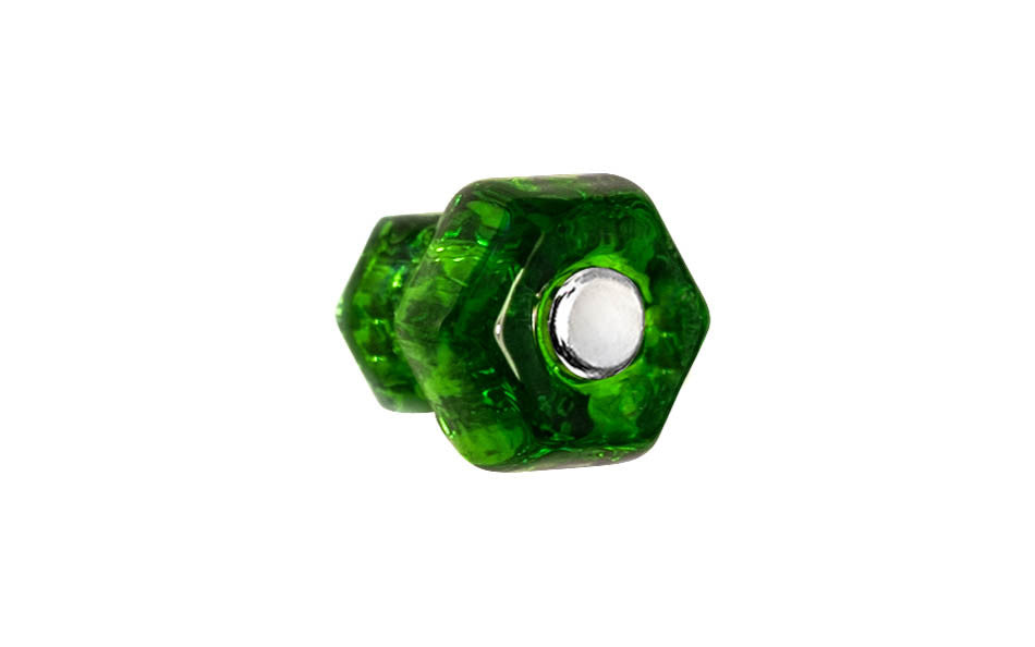Vintage-style Hardware · Classic & original-style hexagonal glass cabinet knob with a silver pan head thru-bolt. Made of genuine glass. "Forest Green" color glass. Includes a silver pan thru-bolt. Reproduction hexagonal classic glass knob. Traditional hex glass knob. 1" Diameter