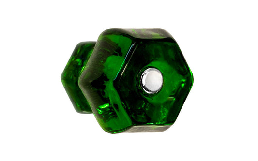 Vintage-style Hardware · Classic & original-style hexagonal glass cabinet knob with a silver pan head thru-bolt. Made of genuine glass. "Forest Green" color glass. Includes a silver pan thru-bolt. Reproduction hexagonal classic glass knob. Traditional hex glass knob. 1-1/2" Diameter