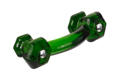 Vintage-style Hardware · Classic & original-style hexagonal glass bridge pull with silver pan head thru-bolts. 3" on centers. Made of genuine glass. Forest Green color. Includes a silver pan thru-bolt. Reproduction hexagonal classic glass pull handle. Traditional glass cabinet bridge pull. 3" spacing of screw holes.