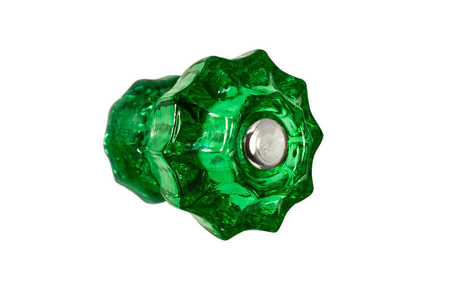Vintage-style Hardware · Classic & original-style fluted glass cabinet knob with a silver pan head thru-bolt. Made of genuine glass. Forest Green color glass. Includes a silver pan thru-bolt. Reproduction fluted classic glass knob. Traditional fluted glass knob. 1-1/4