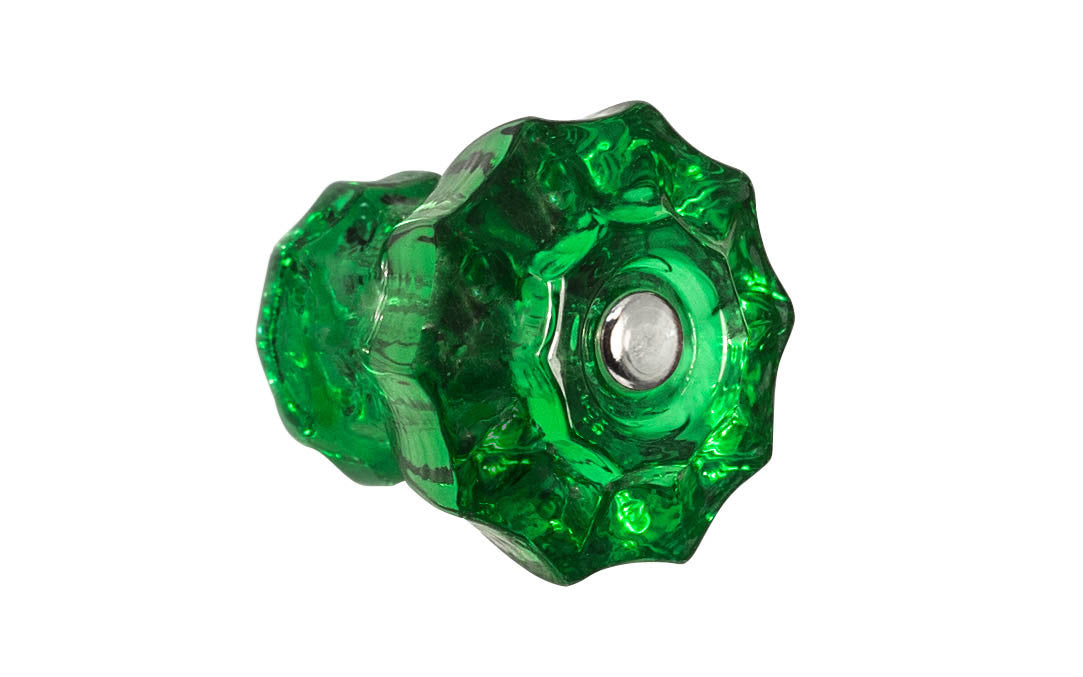 Vintage-style Hardware · Classic & original-style fluted glass cabinet knob with a silver pan head thru-bolt. Made of genuine glass. Forest Green color glass. Includes a silver pan thru-bolt. Reproduction fluted classic glass knob. Traditional fluted glass knob. 1-1/2