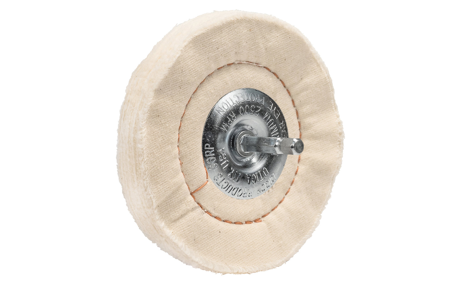 The 4" Cushion Sewn Buffing Wheel With 1/4" Mandrel ~ 1/2" Thick is ideal for light cutting & coloring (polishing). 4" diameter of wheel. Made in USA. Dico Polishing Company 527-41-4M