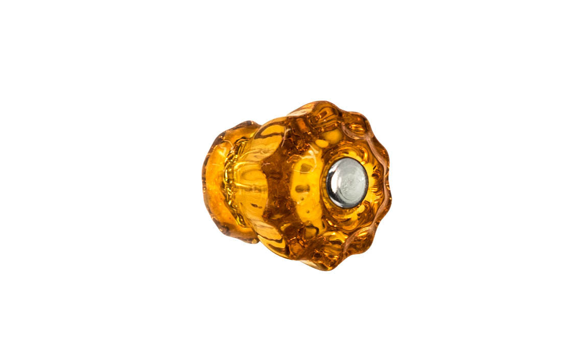 Vintage-style Hardware · Classic & original-style fluted glass cabinet knob with a silver pan head thru-bolt. Made of genuine glass. Amber color glass. Includes a silver pan thru-bolt. Reproduction fluted classic glass knob. Traditional fluted glass knob. 1