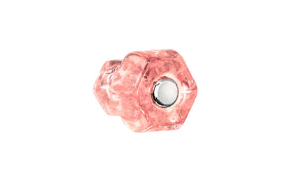 Vintage-style Hardware · Classic & original-style hexagonal glass cabinet knob with a silver pan head thru-bolt. Made of genuine glass. Depression Pink Rose color glass. Includes a silver pan thru-bolt. Reproduction hexagonal classic glass knob. Traditional hex glass knob. 1" Diameter