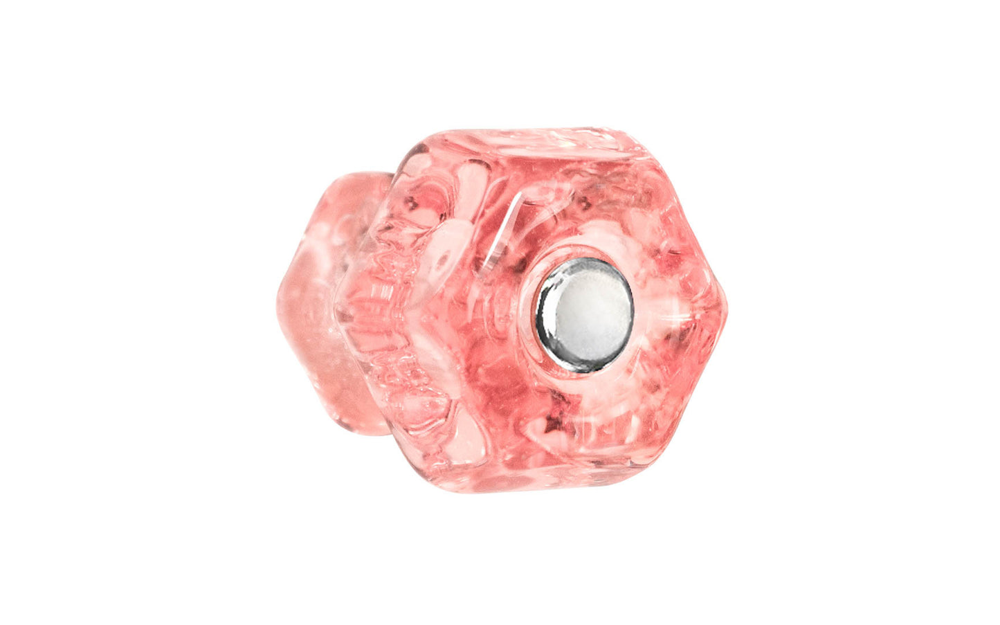 Vintage-style Hardware · Classic & original-style hexagonal glass cabinet knob with a silver pan head thru-bolt. Made of genuine glass. Depression Pink Rose color glass. Includes a silver pan thru-bolt. Reproduction hexagonal classic glass knob. Traditional hex glass knob. 1-1/4" Diameter