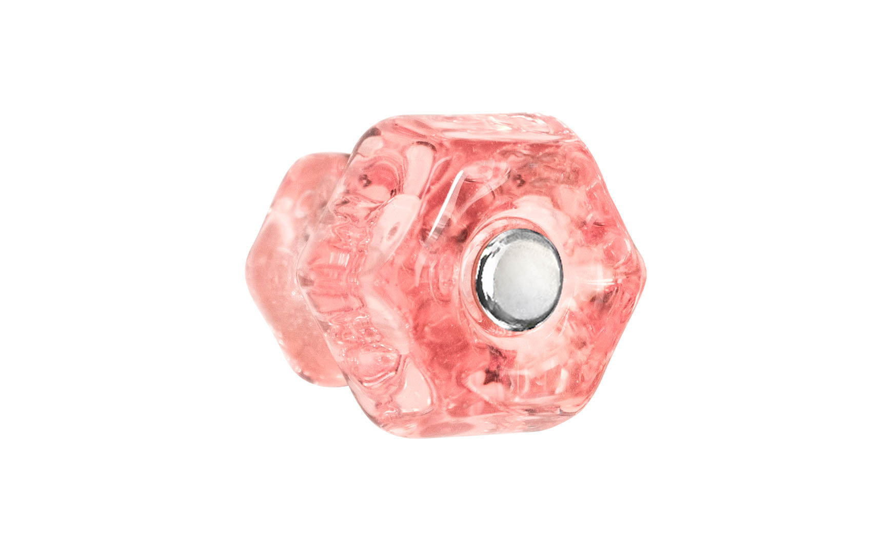 Vintage-style Hardware · Classic & original-style hexagonal glass cabinet knob with a silver pan head thru-bolt. Made of genuine glass. Depression Pink Rose color glass. Includes a silver pan thru-bolt. Reproduction hexagonal classic glass knob. Traditional hex glass knob. 1-1/4" Diameter