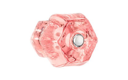 Vintage-style Hardware · Classic & original-style hexagonal glass cabinet knob with a silver pan head thru-bolt. Made of genuine glass. Depression Pink Rose color glass. Includes a silver pan thru-bolt. Reproduction hexagonal classic glass knob. Traditional hex glass knob. 1-1/2" Diameter