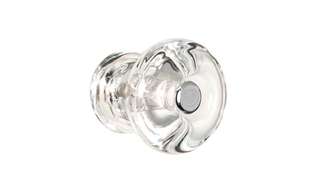 Vintage-style Hardware · Classic & original-style round glass cabinet knob with a silver pan head thru-bolt. Made of genuine glass. Clear color glass. Includes a silver pan thru-bolt. Reproduction classic glass knob. Traditional round glass knob.  Attractive & smooth glass knob. 1-1/8