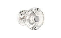 Vintage-style Hardware · Classic & original-style round glass cabinet knob with a silver pan head thru-bolt. Made of genuine glass. Clear color glass. Includes a silver pan thru-bolt. Reproduction classic glass knob. Traditional round glass knob.  Attractive & smooth glass knob. 1-1/8" Diameter