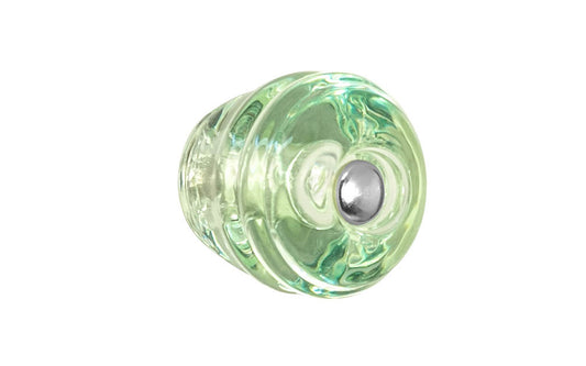 Round Art-Deco "Beehive" Style Glass Knob ~ Depression Green. Genuine glass with a Depression-Era Green color. Reproduction glass cabinet knob of the Art Deco style, prominent during the 1920's & 30's. Great for the bathroom, kitchen, bedroom, cabinets, furniture. 1-1/8" diameter knob. Nickel pan-head screw bolt. 