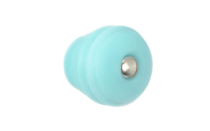 Round Art-Deco "Beehive" Style Glass Knob ~ Milk Blue. Genuine glass with a Milk Blue color. Reproduction glass cabinet knob of the Art Deco style, prominent during the 1920's & 30's. Adds a nice touch to the bathroom, kitchen, bedroom, cabinets, furniture. 1-1/8" diameter knob. Nickel pan-head screw bolt. 