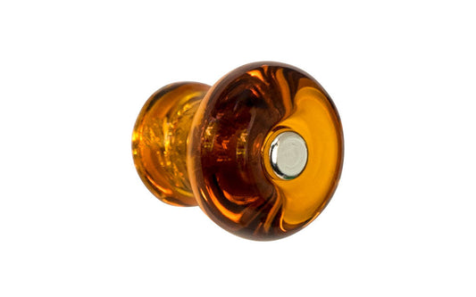Vintage-style Hardware · Classic & original-style round glass cabinet knob with a silver pan head thru-bolt. Made of genuine glass. Amber color glass. Includes a silver pan thru-bolt. Reproduction classic glass knob. Traditional round glass knob.  Attractive & smooth glass knob. 1-1/8" Diameter