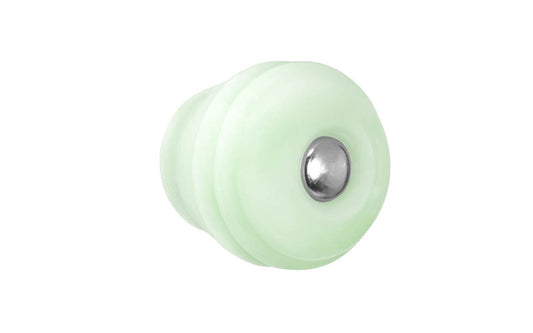 Round Art-Deco "Beehive" Style Glass Knob ~ Milk Green. Genuine glass with a Milk Green "Jade" color. Reproduction glass cabinet knob of the Art Deco style, prominent during the 1920's & 30's. Adds a nice touch to the bathroom, kitchen, bedroom, cabinets, furniture. 1-1/8" diameter knob. Nickel pan-head screw bolt. 