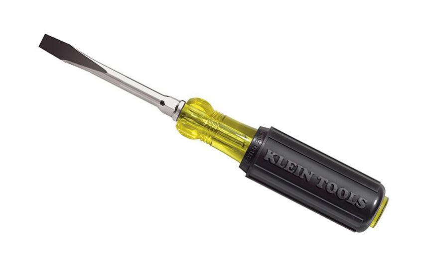 Heavy-duty square Klein Tools 7/32" (5.6 mm) Slot Heavy-Duty Keystone Screwdriver with 3" square shank is designed for the most demanding uses. The hex bolster reinforces shank for hard use & allows wrench assisted turning. Cushion-grip handle for greater torque & comfort. Model No. 602-3. Made in USA. 092644850202