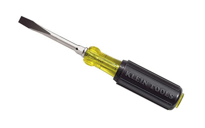 Heavy-duty square Klein Tools 7/32" (5.6 mm) Slot Heavy-Duty Keystone Screwdriver with 3" square shank is designed for the most demanding uses. The hex bolster reinforces shank for hard use & allows wrench assisted turning. Cushion-grip handle for greater torque & comfort. Model No. 602-3. Made in USA. 092644850202