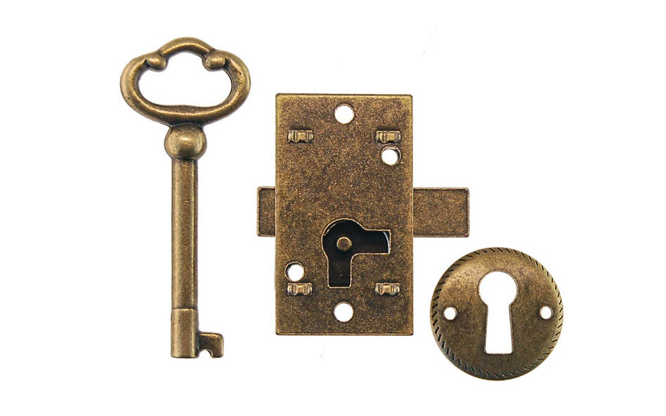 Surface Cabinet Lock ~ Antique Brass Finish - Bolt slides right & left - Small Brass Plated Non-Mortise Cabinet Lock in Antique Brass - 1/2" backset - Surface lock (non-mortise) - Includes antique brass finish skeleton key, a keyhole plate - 6536