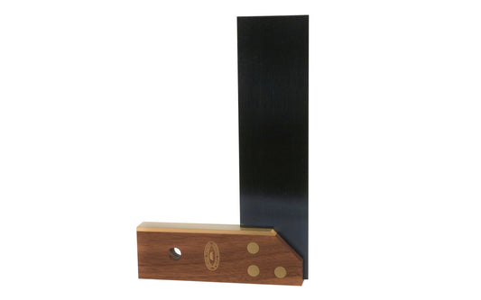 Crown Tools 6" try square with walnut & brass. Features a hardened & tempered blued steel blade & walnut stock fitted with brass. The brass rivets secure the walnut wood stock to blade. 6" 152mm traditional Try / Mitre Square made in Sheffield, England. Model 130