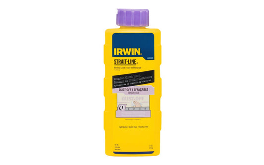 This Irwin Strait-Line 6 oz Violet Marking Chalk Dust Off is designed for reel type chalk line boxes. Packaged in plastic squeeze bottles with fast fill spout. Designed for interior surfaces, it cleanly wipes off smooth & rough surfaces. Violet color chalk. 6 oz container. Irwin Dust-Off Marking chalk. Model 4935426