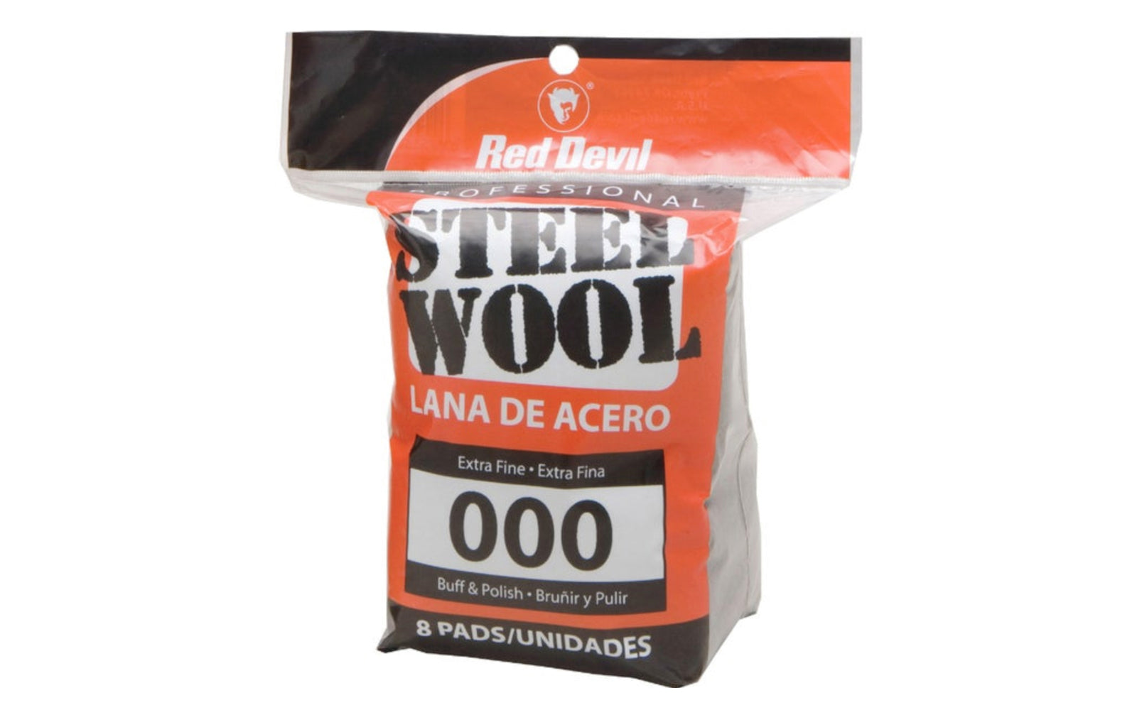 Red Devil #000 Extra Fine Steel Wool - 8 Pack. Very fine buffing & polishing use steel wool. Good for cleaning & polishing stainless steel, preparing surfaces between coats of varnish, removing dried paint drips, use for auto finishing, removing rust spots from chrome, etc. Made by Red Devil, Inc.
