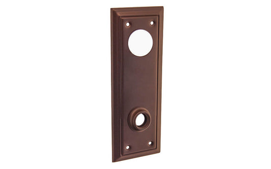 Brass Escutcheon Keyway Cylinder Door Plate ~ Oil Rubbed Bronze Finish ~ Vintage-style Hardware · Classic & traditional design ~ Quality stamped brass material ~ 6-7/8" high x 2-1/2" wide ~ For solid or pre-bored (2-1/8") hole doors