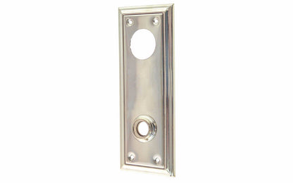 Brass Escutcheon Keyway Cylinder Door Plate ~ Polished Nickel Finish ~ Vintage-style Hardware · Classic & traditional design ~ Quality stamped brass material ~ 6-7/8" high x 2-1/2" wide ~ For solid or pre-bored (2-1/8") hole doors