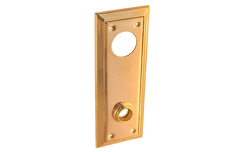 Brass Escutcheon Keyway Cylinder Door Plate ~ Vintage-style Hardware · Classic & traditional design ~ Quality stamped brass material ~ 6-7/8" high x 2-1/2" wide ~ For solid or pre-bored (2-1/8") hole doors