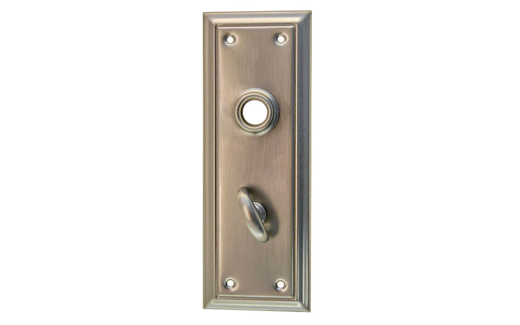 Brass Escutcheon Door Thumb Turn Plate ~ Brushed Nickel Finish ~ Vintage-style Hardware · Classic & traditional design ~ Quality stamped brass material ~ 6-7/8" high x 2-1/2" wide ~ For solid or pre-bored (2-1/8") hole doors