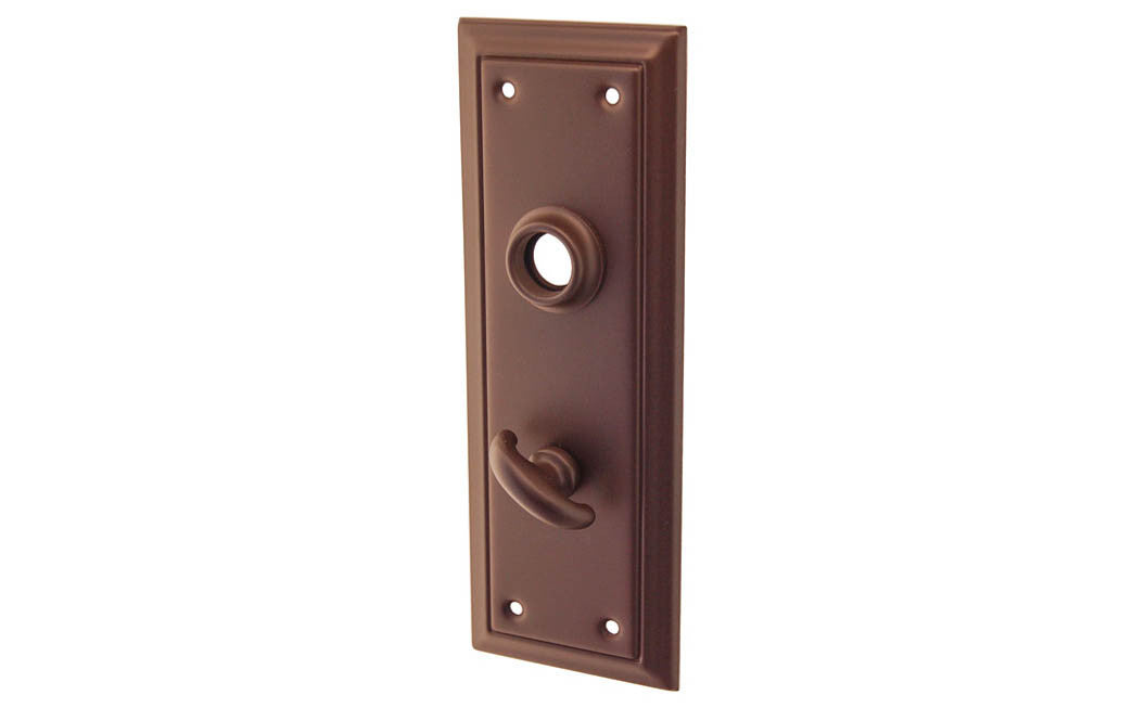 Brass Escutcheon Door Thumb Turn Plate ~ Oil Rubbed Bronze Finish Vintage-style Hardware · Classic & traditional design ~ Quality stamped brass material ~ 6-7/8" high x 2-1/2" wide ~ For solid or pre-bored (2-1/8") hole doors