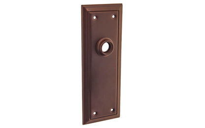 Brass Escutcheon Door Plate ~ Oil Rubbed Bronze Finish ~ Vintage-style Hardware · Classic & traditional design ~ Quality stamped brass material ~ 6-7/8" high x 2-1/2" wide ~ For solid or pre-bored (2-1/8") hole doors