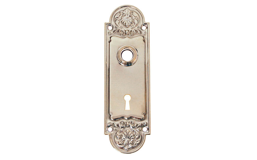Ornate Brass Escutcheon Door Plate with Keyhole ~ Polished Nickel Finish