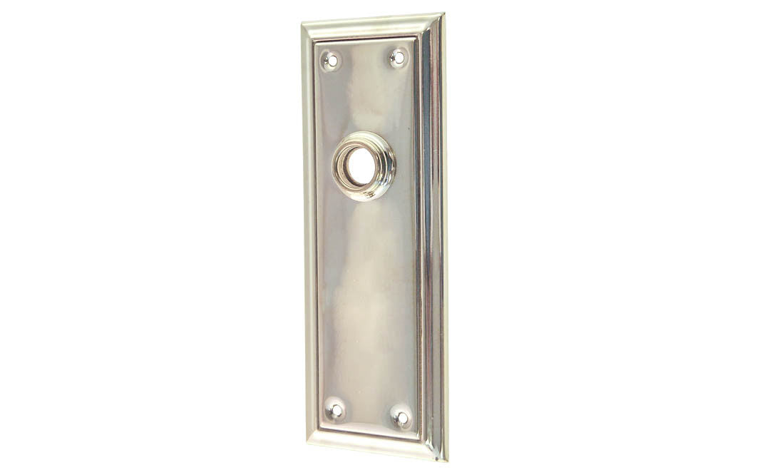 Brass Escutcheon Door Plate ~ Polished Nickel Finish ~ Vintage-style Hardware · Classic & traditional design ~ Quality stamped brass material ~ 6-7/8" high x 2-1/2" wide ~ For solid or pre-bored (2-1/8") hole doors