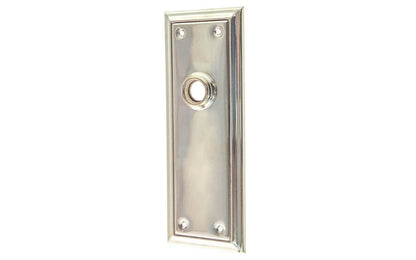 Brass Escutcheon Door Plate ~ Polished Nickel Finish ~ Vintage-style Hardware · Classic & traditional design ~ Quality stamped brass material ~ 6-7/8" high x 2-1/2" wide ~ For solid or pre-bored (2-1/8") hole doors