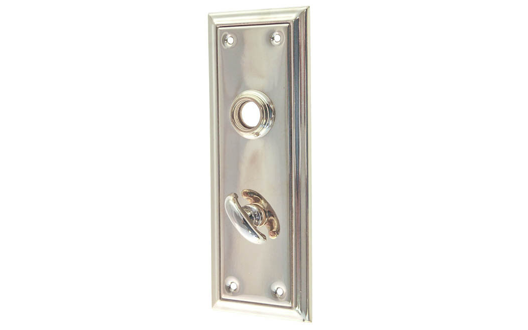 Brass Escutcheon Door Thumb Turn Plate ~ Polished Nickel Finish ~ Vintage-style Hardware · Classic & traditional design ~ Quality stamped brass material ~ 6-7/8" high x 2-1/2" wide ~ For solid or pre-bored (2-1/8") hole doors