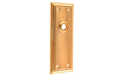 Brass Escutcheon Door Plate ~ Non-Lacquered Brass (will patina naturally over time) ~ Vintage-style Hardware · Classic & traditional design ~ Quality stamped brass material ~ 6-7/8" high x 2-1/2" wide ~ For solid or pre-bored (2-1/8") hole doors