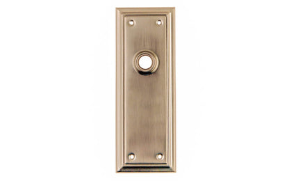 Brass Escutcheon Door Plate ~ Brushed Nickel Finish ~ Vintage-style Hardware · Classic & traditional design ~ Quality stamped brass material ~ 6-7/8" high x 2-1/2" wide ~ For solid or pre-bored (2-1/8") hole doors