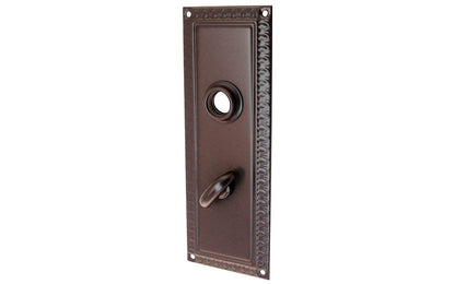 Vintage-style Hardware · Decorative beaded design ~ Quality stamped brass material ~ Oil Rubbed Bronze Finish ~ 7" high x 2-1/2" wide ~ For solid or pre-bored (2-1/8") hole doors
