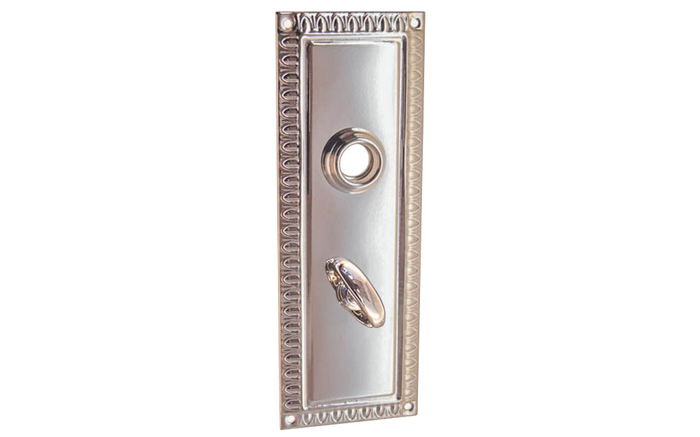 Brass Escutcheon Door Thumb Turn Plate ~ Polished Nickel Finish ~ Vintage-style Hardware · Decorative beaded design ~ Quality stamped brass material ~ 7" high x 2-1/2" wide ~ For solid or pre-bored (2-1/8") hole doors