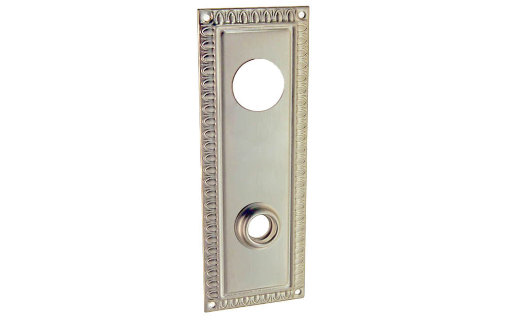 Brass Escutcheon Keyway Cylinder Door Plate ~ Brushed Nickel Finish ~ Vintage-style Hardware · Decorative beaded design ~ Quality stamped brass material ~ 7" high x 2-1/2" wide ~ For solid or pre-bored (2-1/8") hole doors