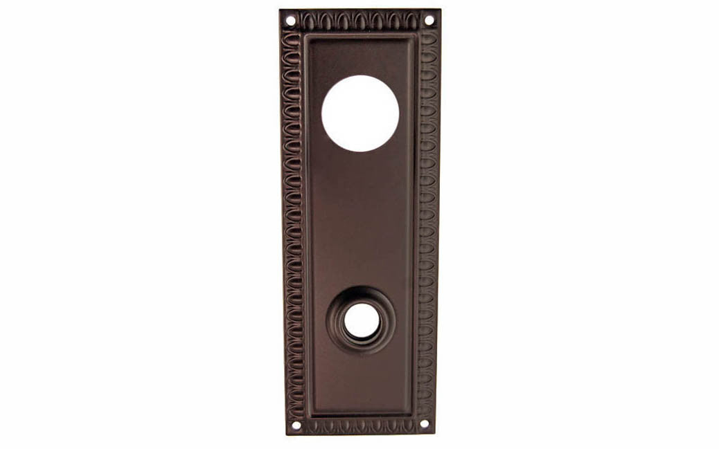 Brass Escutcheon Keyway Cylinder Door Plate ~ Oil Rubbed Bronze Finish ~ Vintage-style Hardware · Decorative beaded design ~ Quality stamped brass material ~ 7" high x 2-1/2" wide ~ For solid or pre-bored (2-1/8") hole doors