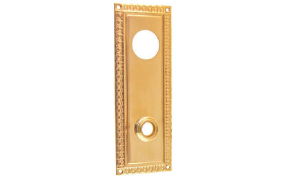 Brass Escutcheon Keyway Cylinder Door Plate ~ Lacquered Brass Finish ~ Vintage-style Hardware · Decorative beaded design ~ Quality stamped brass material ~ 7" high x 2-1/2" wide ~ For solid or pre-bored (2-1/8") hole doors