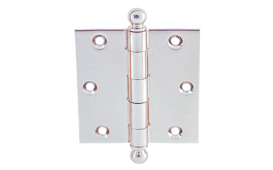 Vintage-style Hardware · Stanley ball-tip door hinge replica ~ 1/8" heavy duty leaf thickness ~ Removable hinge pins ~ Plated finish on heavy solid brass material. Polished Chrome
