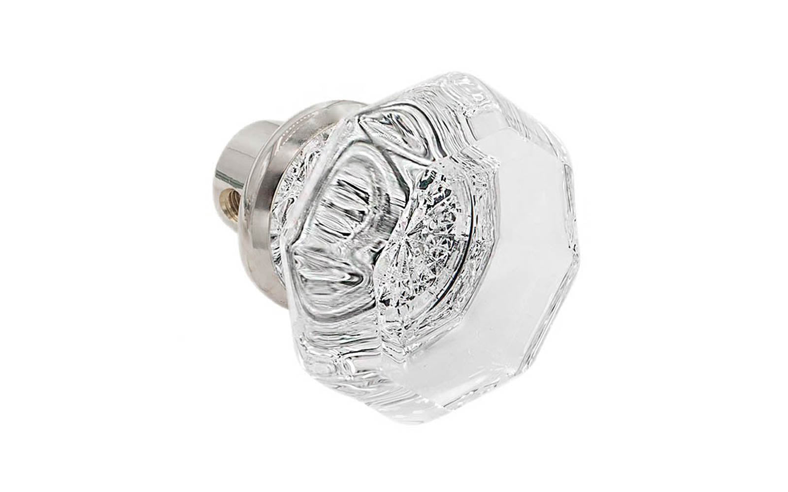 Single Classic Octagonal Clear Glass Doorknob. A high quality & genuine glass doorknob with an attractive Octagon design. The sparkling center point under glass amplifies reflected light to showcase beautiful facets. Solid brass base. Reproduction Glass Door Knobs. Traditional Octagonal Glass Knobs. One knob. 