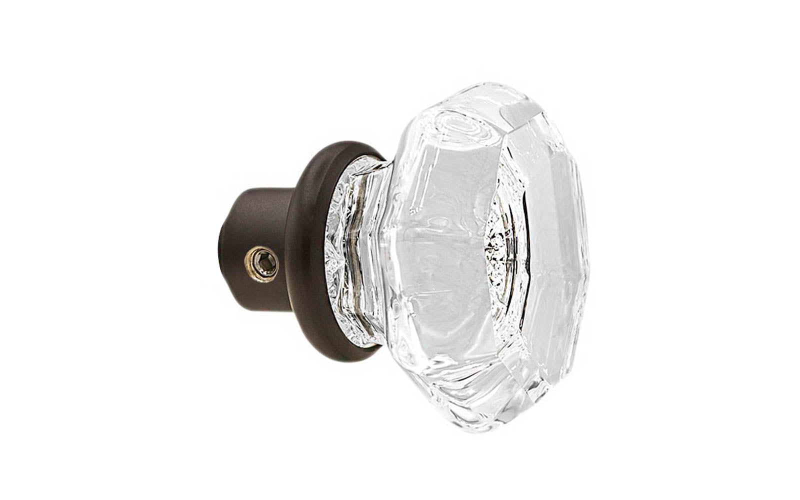 Single Classic Octagonal Clear Glass Doorknob. A high quality & genuine glass doorknob with an attractive Octagon design. The sparkling center point under glass amplifies reflected light to showcase beautiful facets. Solid brass base. Reproduction Glass Door Knobs. Traditional Octagonal Glass Knobs. One knob. Oil Rubbed Bronze.
