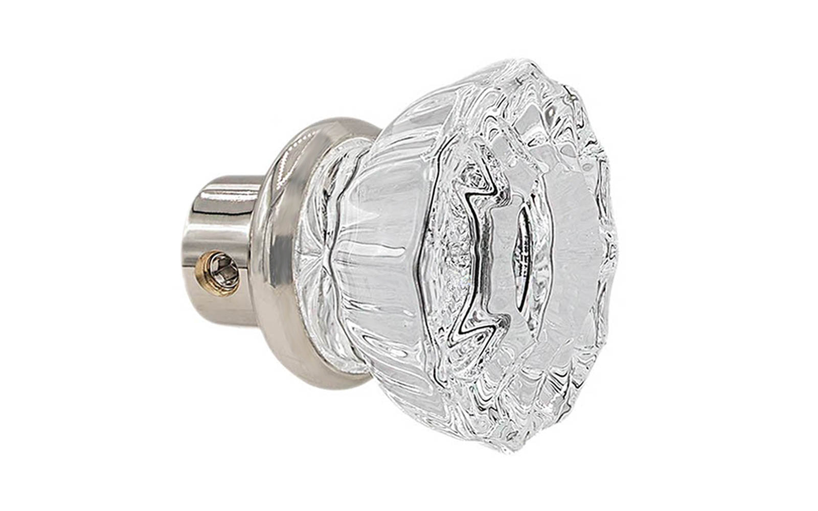 Single Classic Fluted Clear Glass Doorknob. A high quality & genuine glass doorknob with an attractive fluted design. The sparkling center point under glass amplifies reflected light to showcase beautiful facets. Solid brass base. Reproduction Glass Door Knobs. Traditional Fluted Glass Knobs. One knob. Polished Nickel Finish.