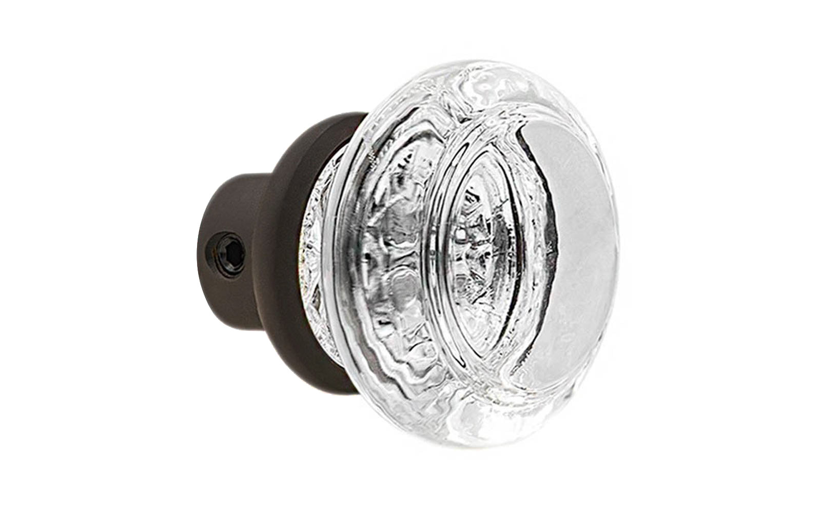 Single Classic Round Clear Glass Doorknob. A high quality & genuine glass doorknob with an attractive round design. The sparkling center point under glass amplifies reflected light to showcase beautiful facets. Solid brass base. Reproduction Glass Door Knobs. Traditional Round Glass Knobs. One knob. Oil Rubbed Bronze Finish.