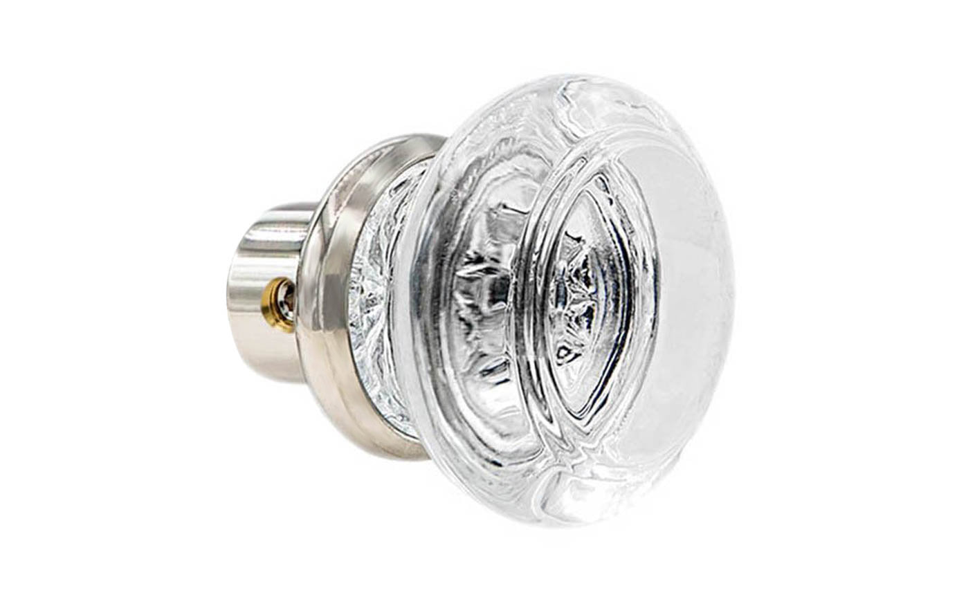Single Classic Round Clear Glass Doorknob. A high quality & genuine glass doorknob with an attractive round design. The sparkling center point under glass amplifies reflected light to showcase beautiful facets. Solid brass base. Reproduction Glass Door Knobs. Traditional Round Glass Knobs. One knob. Polished Nickel Finish.
