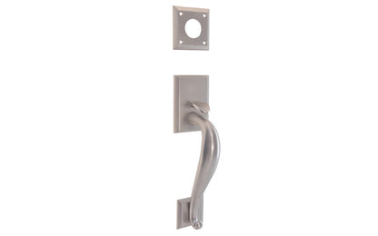 Vintage-style Hardware · A solid brass entrance door handle with thumb piece used on the exterior side of the door to operate an exterior mortise lock. Includes fasteners & a cylinder collar plate. Brushed Nickel Finish