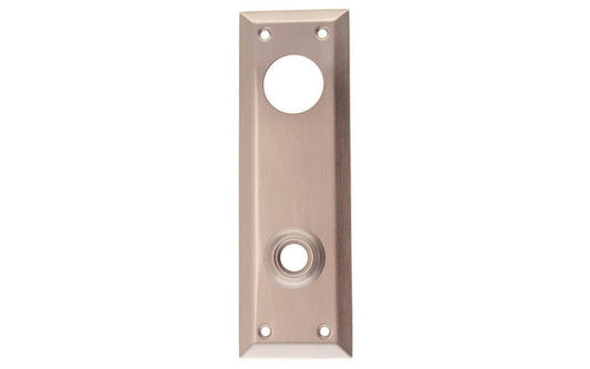 Brass Escutcheon Keyway Cylinder Door Plate ~ Brushed Nickel Finish ~ Vintage-style Hardware · Classic & traditional design ~ Quality stamped brass material ~ 7" high x 2-1/4" wide ~ For solid or pre-bored (2-1/8") hole doors